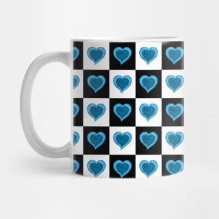 Blue watercolor hearts black and white checkered pattern Mug